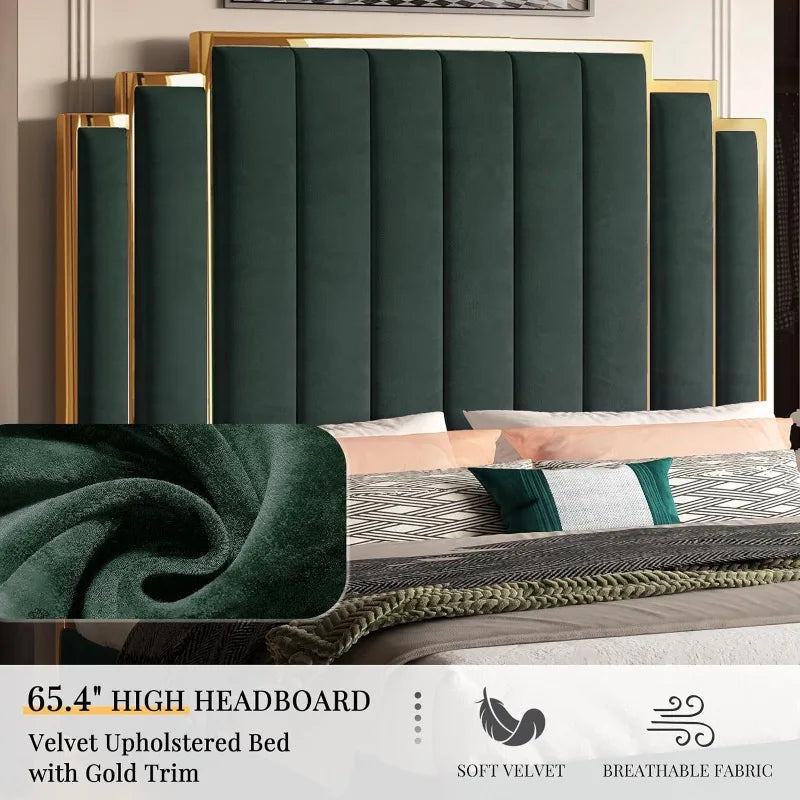 Albott King Size Platform Bed Frame, 65" Velvet Upholstered Bed with Gold Trim Headboard/Wooden Slats/No Box Spring Needed/Green