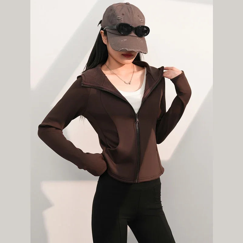 Women's Yoga Plus Velvet Jacket Slim Fit Waist Sports Leisure Hooded Sweater Autumn and Winter Velvet Wide Zipper Hoodies