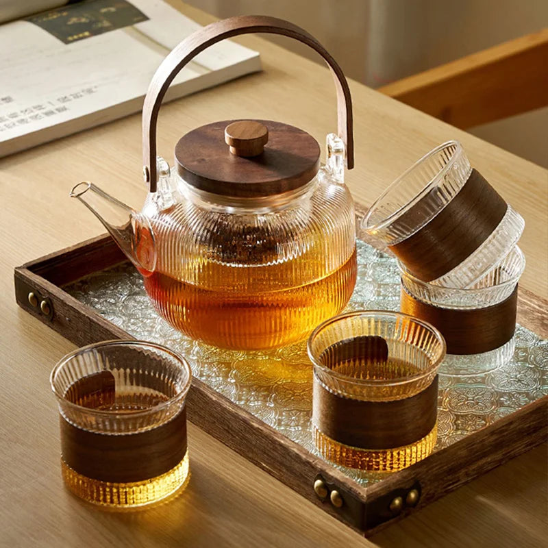 GIANXI Glass Tea Pot With Wooden Handle And Wooden Cover Stainless Steel Filter Steaming Of Tea Set Transparent Glass Teapot