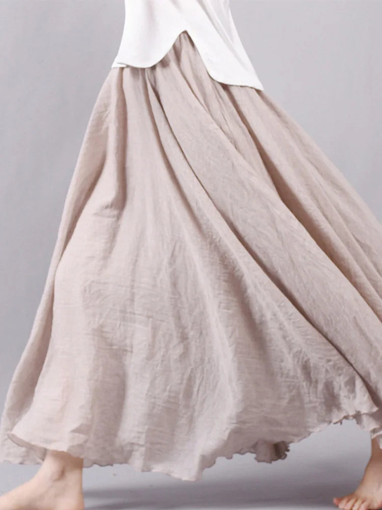 Women's Elegant High Waist Linen Maxi Skirt 2022 Summer Ladies Casual Elastic Waist 2 Layers Skirts saia feminina