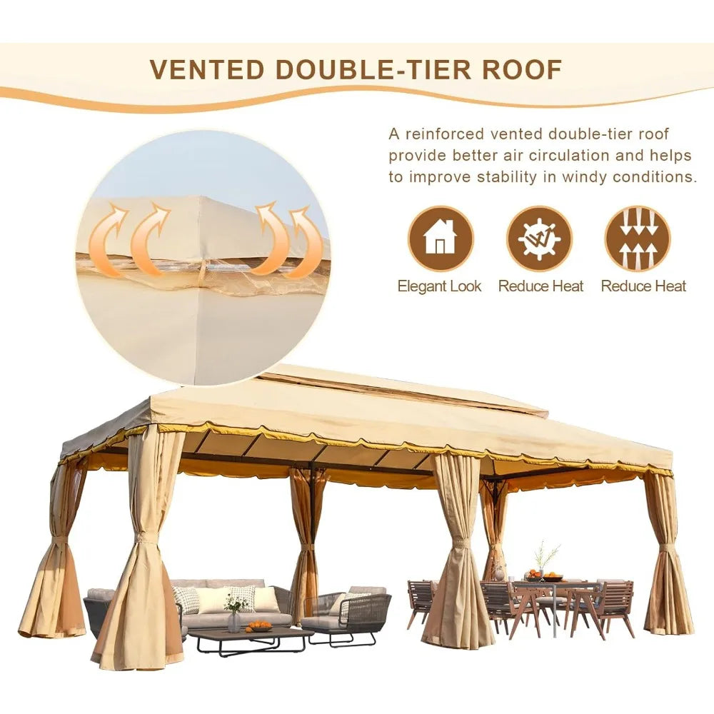 10x20 Gazebo, Double Roof Patio Steel Frame with Netting and Shade Curtains for Outdoor Canopy Garden, Patio Umbrellas Tents