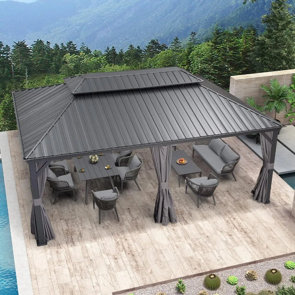 14X20 Permanent Hardtop Gazebo with Galvanized Steel Double Roof for Patio Lawn and Garden, Curtains and Netting Included,Grey