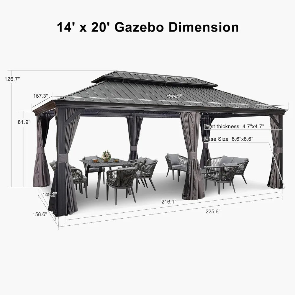 14X20 Permanent Hardtop Gazebo with Galvanized Steel Double Roof for Patio Lawn and Garden, Curtains and Netting Included,Grey