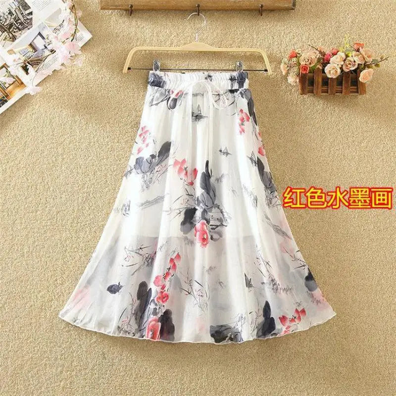 Women Skirt Summer Retro Fashion Beach Harajuku Blue Ink Painting Series Flowers Midskirt Lacing Elastic Waist Female Skirts
