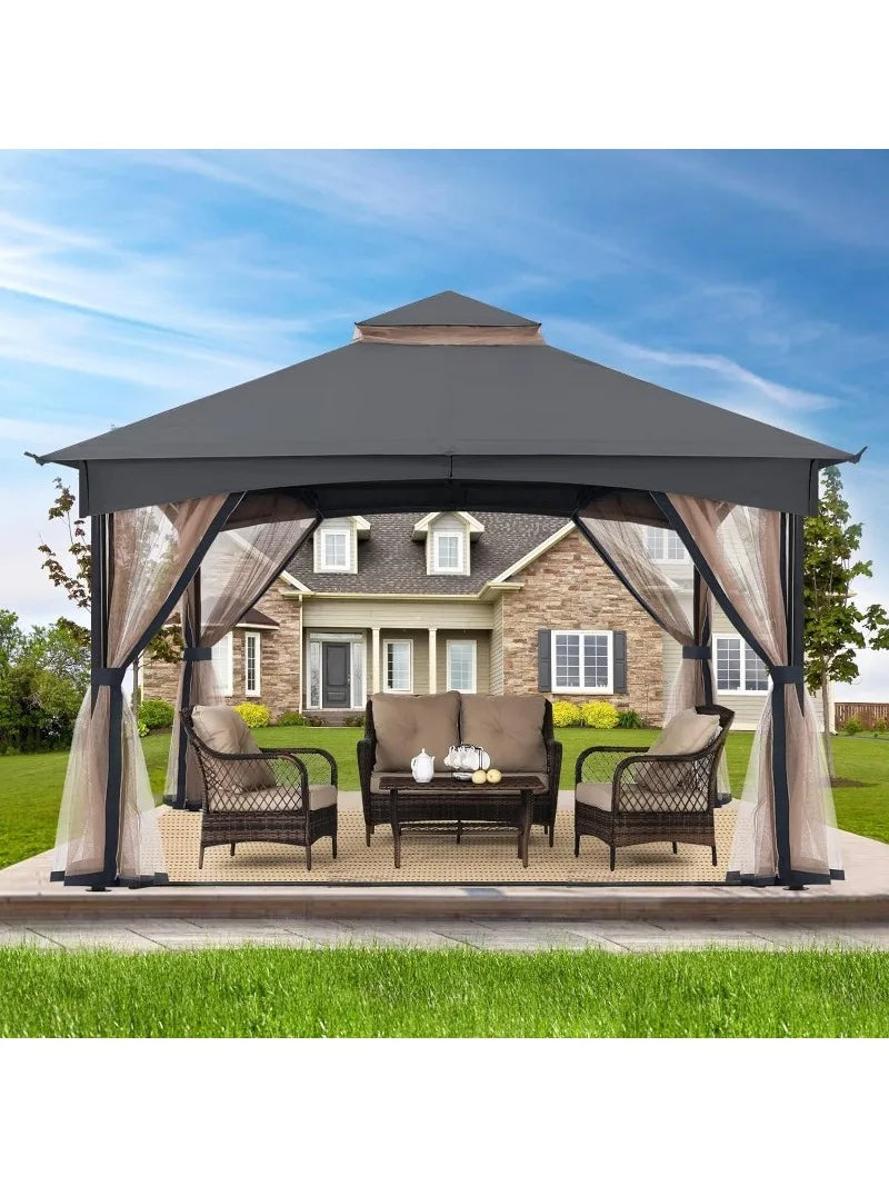 Tool Free Patio Gazebo Screw Free Easy Installation Outdoor Garden Gazebo with Netting Walls (11x11,Gray)