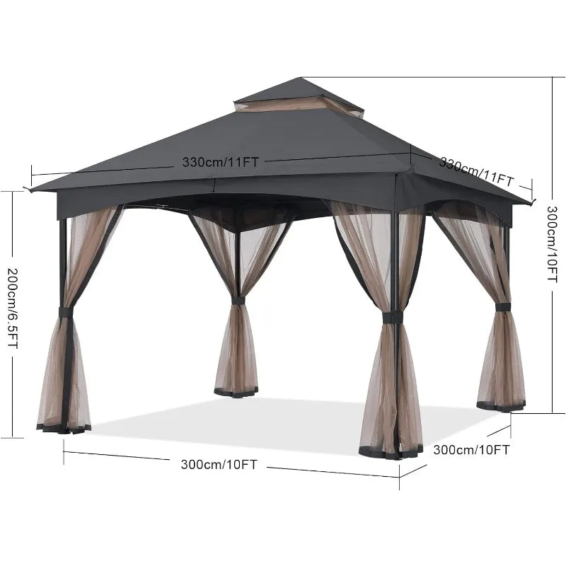 Tool Free Patio Gazebo Screw Free Easy Installation Outdoor Garden Gazebo with Netting Walls (11x11,Gray)