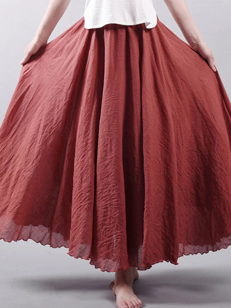 Women's Elegant High Waist Linen Maxi Skirt 2022 Summer Ladies Casual Elastic Waist 2 Layers Skirts saia feminina