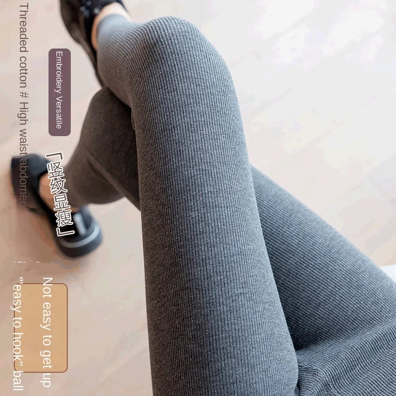 High Waist Warm Pants Winter Skinny Pants High Waist Solid Vertical Striped Sports Fitness Seamless Trousers Elasticity Leggings