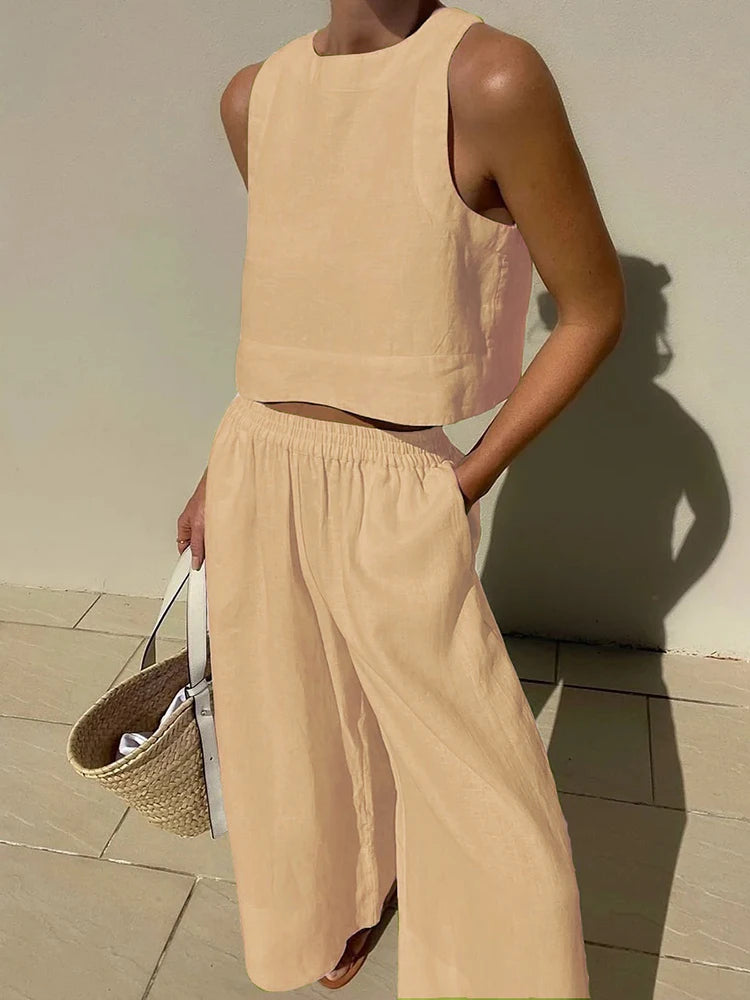 Elegant Two-Piece Summer Set for Women: Chic White or Black Tank Crop Top with Wide Leg Pants