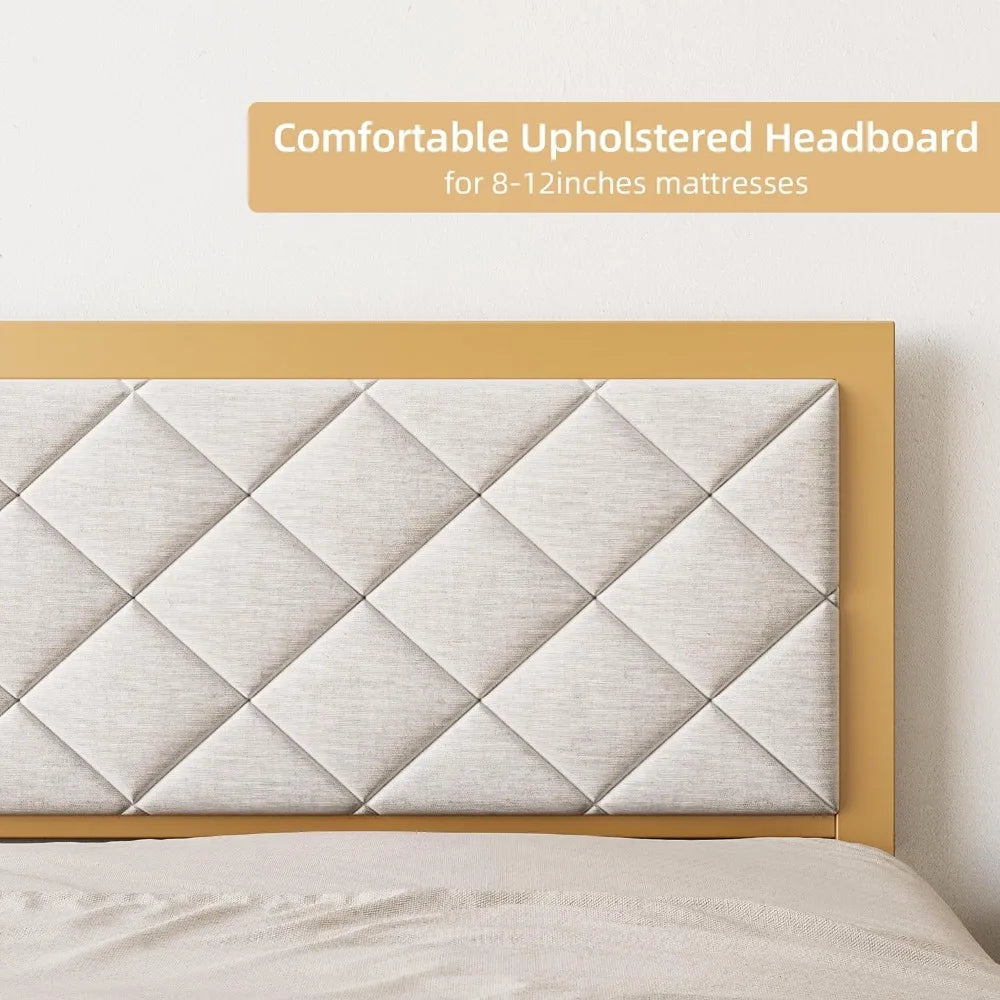 Full-size bed frame, metal bed frame with padded velvet headboard, non-slip and noiseless, platform bed frame with steel slats
