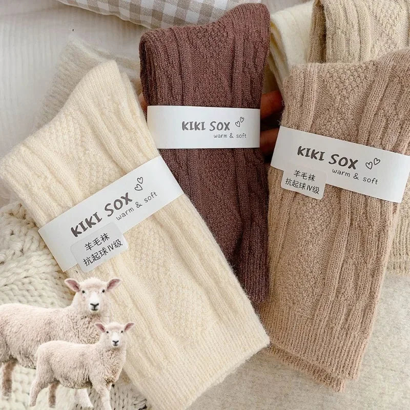 Winter Women's Socks Cashmere Wool Thickened Warm Middle Tube Socks Japanese Fashion Harajuku Solid Color Soft Warm Sleep Sock