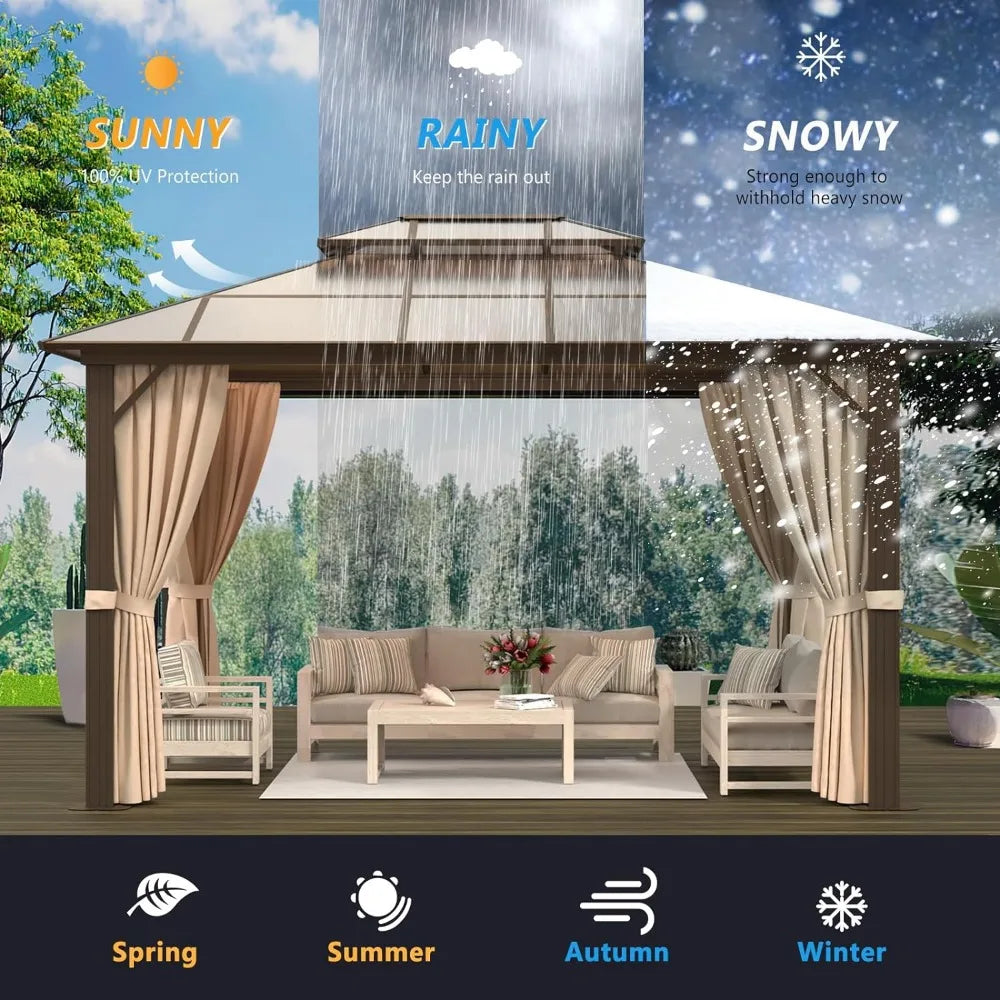 10'x12' Hardtop Gazebo, Double Roof Gazebo, Aluminum Frame Permanent Pavilion with Netting and Curtains
