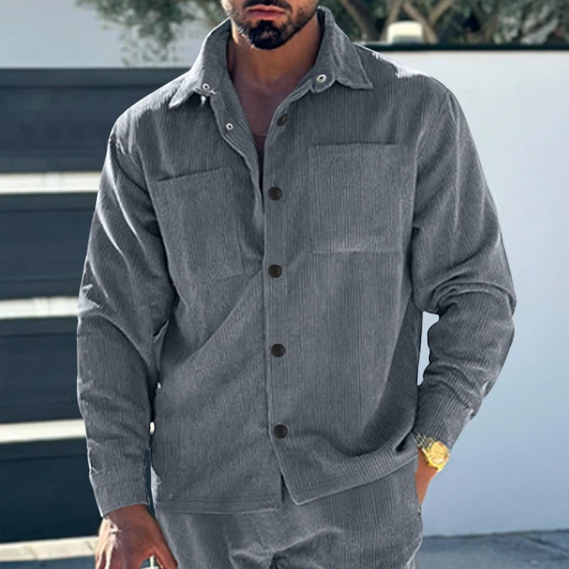 European and American men's oversized multi pocket corduroy casual button work jacket with a lapel collar