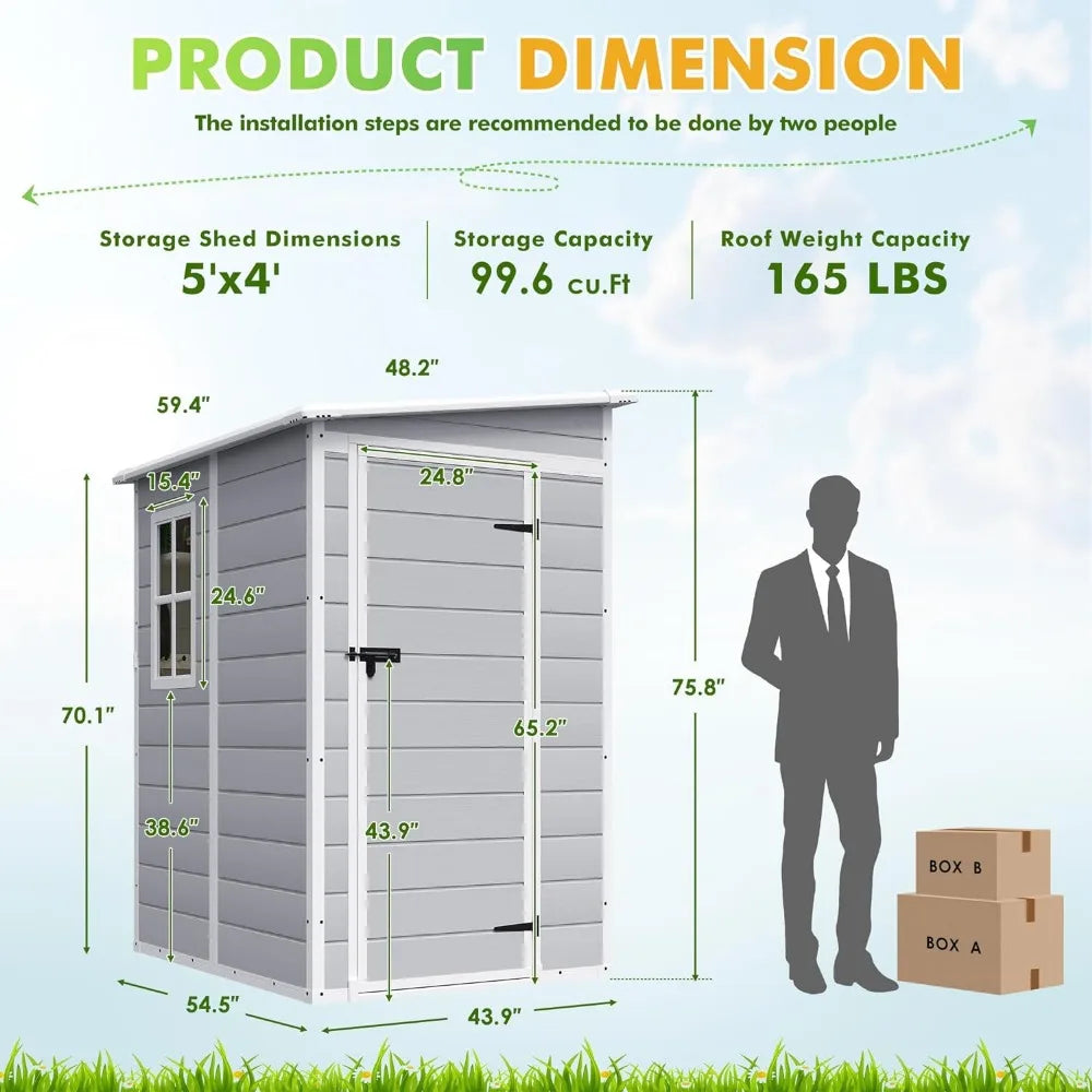 Outdoor Storage Shed, 5x4 FT Plastic Resin Shed with Floor, Garden Tool Sheds with Lockable Door for Patio Backyard Lawn