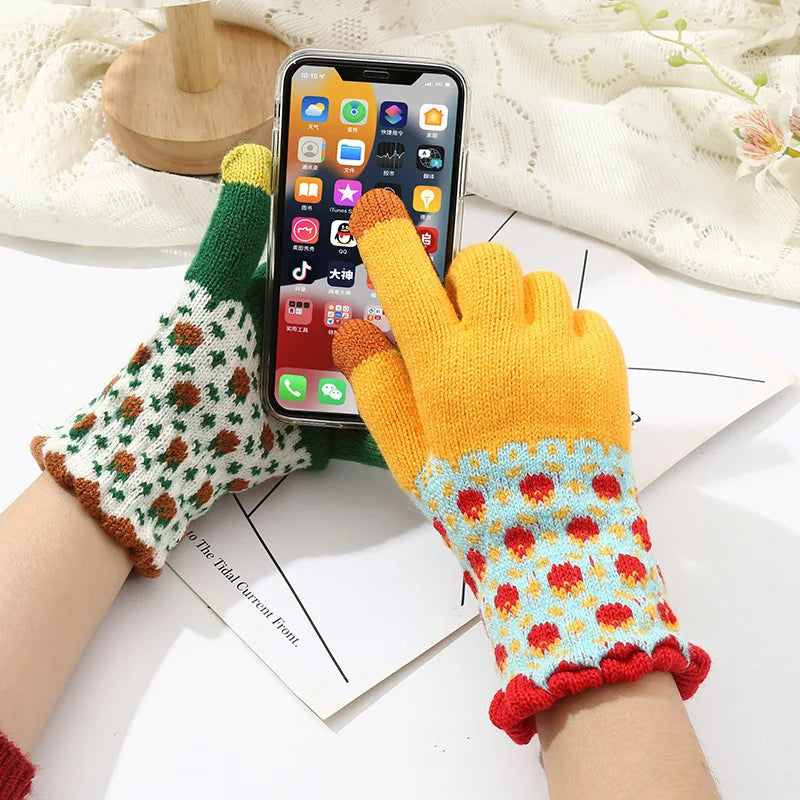 Cute Vintage Colorful Flower Knitted Hand Gloves Women Girl Touch Screen Thick Wool Warm Glove Winter Ski Ride Windproof Mittens
