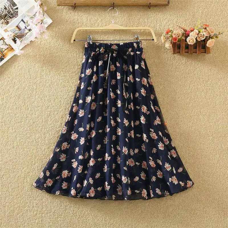 Women Skirt Summer Retro Fashion Beach Harajuku Blue Ink Painting Series Flowers Midskirt Lacing Elastic Waist Female Skirts