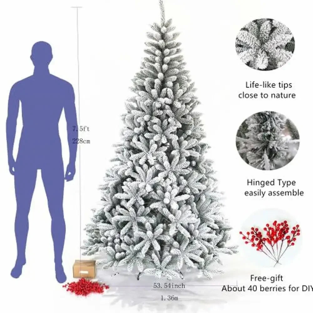 7.5ft Snow Flocked Artificial Spruce Christmas Tree w/Cones & Berries Easy Assembly & Foldable Stand Home Office Party Display