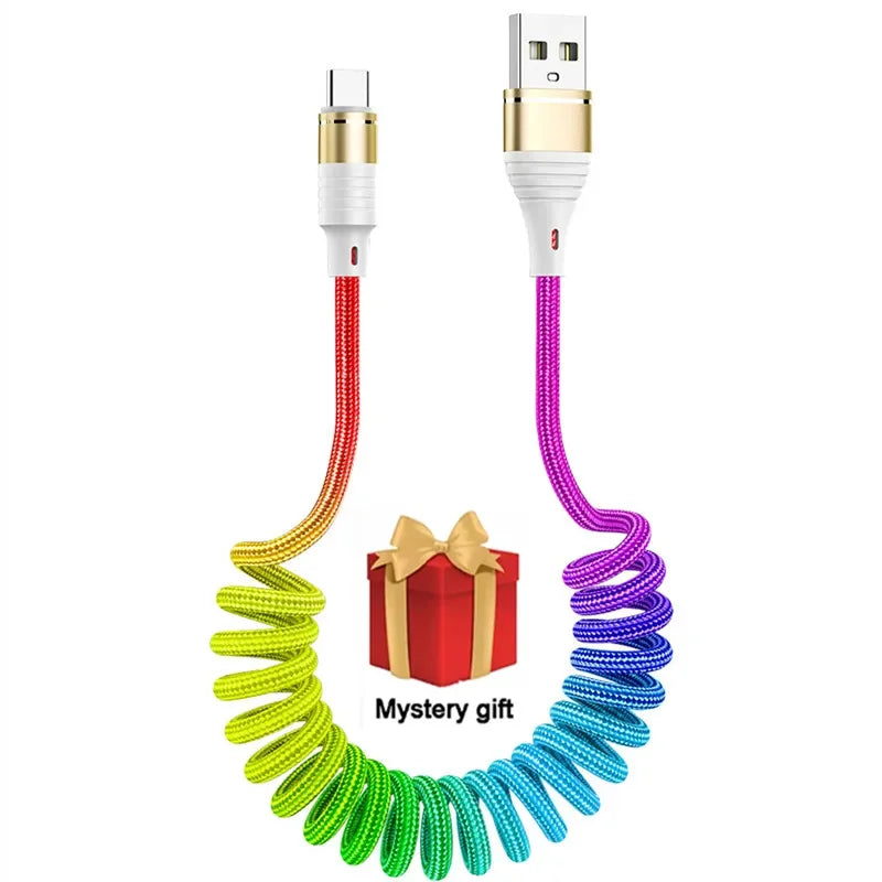 2024 New Rainbow Spring USB Cable 2.4A Fast Charging Cable Data Cable Type C Micro USB Flexible Elastic Stretch Charger Cable