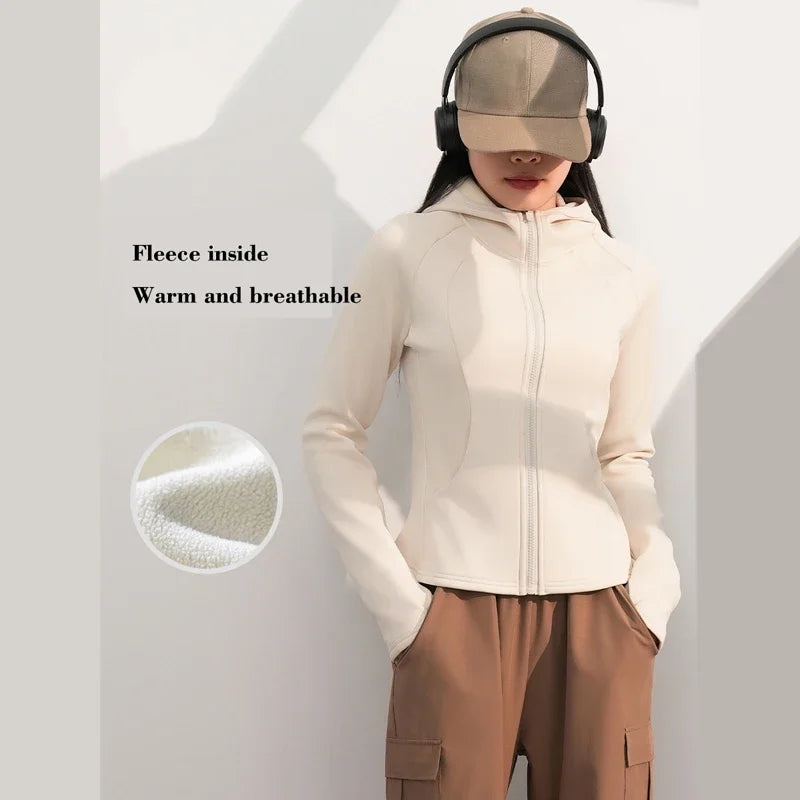 Women's Yoga Plus Velvet Jacket Slim Fit Waist Sports Leisure Hooded Sweater Autumn and Winter Velvet Wide Zipper Hoodies