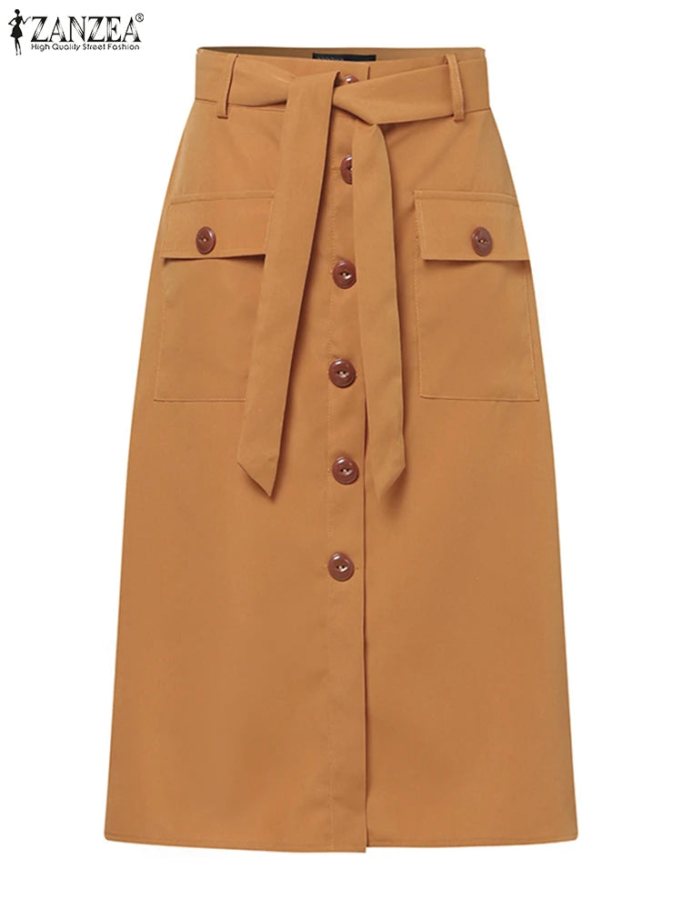 ZANZEA Vintage Cargo Skirts Woman Fashion High Waist Skirt Summer Elegant OL Work Sundress Casual Buttons Up Jupe Faldas Saia