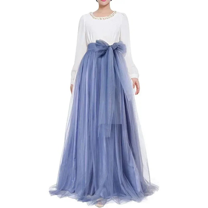 Women Long Skirts High Waisted Puffy A Line Tulle Skirt Wedding Bridesmaid Skirt with Bowknot Belt Faldas Saias Femininas Jupe