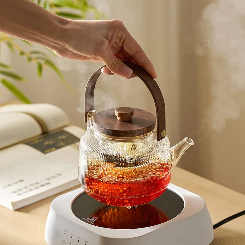 GIANXI Glass Tea Pot With Wooden Handle And Wooden Cover Stainless Steel Filter Steaming Of Tea Set Transparent Glass Teapot