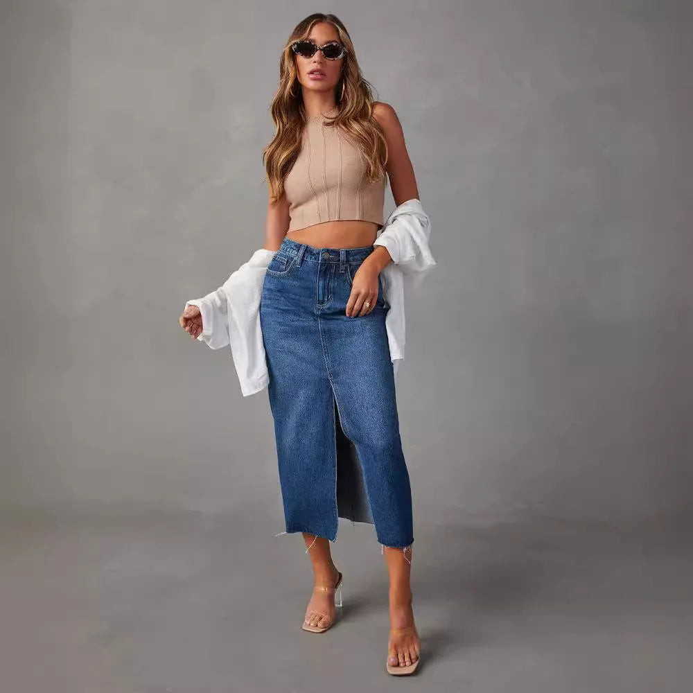 Solid Color Casual Loose Denim Long Skirts For Women 2024 Summer Vintage Women's Midi Jeans Skirt Elegant Fashion Female Skirts