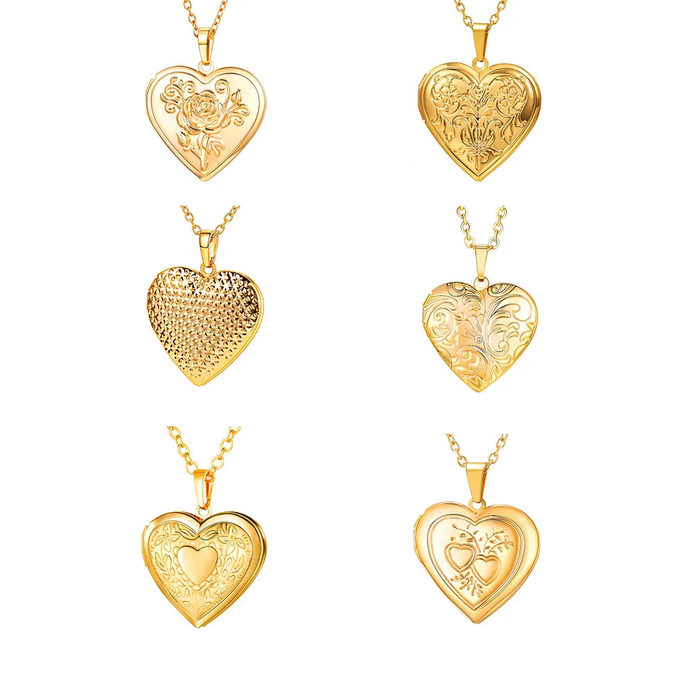 U7 Openable Heart Locket Necklace Photo Frame Memory Romantic Love Embossed Rose Flower Pendant for Women Best Mother's Day Gift