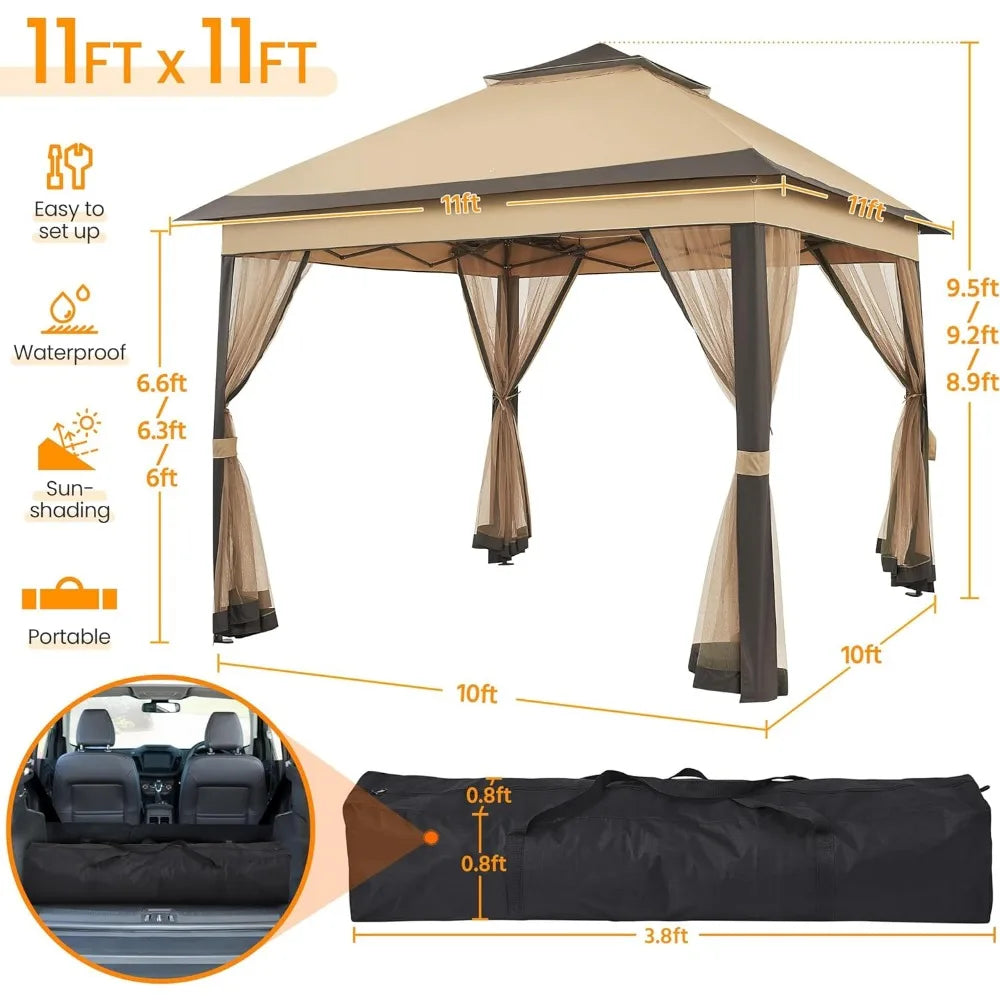 11x11 Pop Up Gazebo Outdoor Canopy Shelter, Instant Patio Gazebo Sun Shade Canopy Tent with 4 Sandbags, Double Tiers