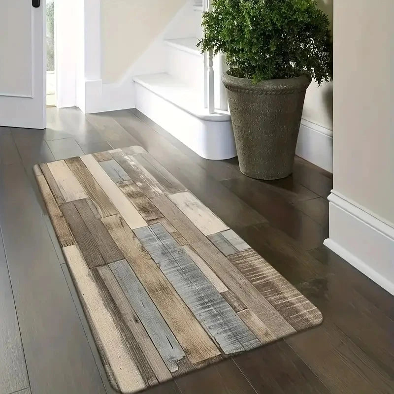 1 piece wood pattern kitchen rug, non-slip machine washable flannel floor mat, suitable for the kitchen at the entrance of the h