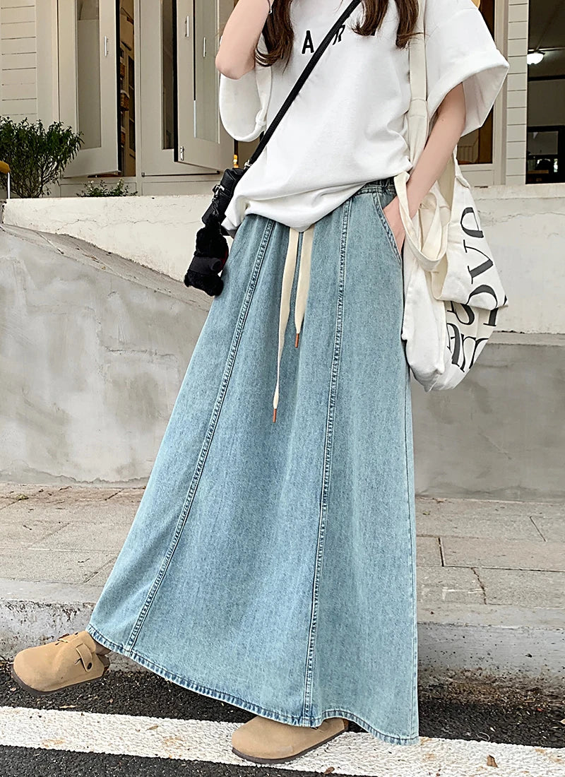 S-XL 2Colors Long Denim Skirt 2024 korean style High Elastic Waist Lace Up A Line Ball Grown Long Jeans Skirts Style (L60098