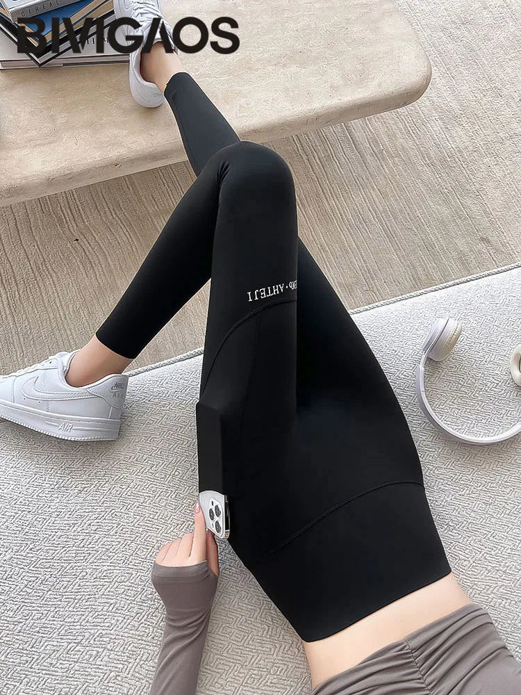 BIVIGAOS Autumn Winter Pocket Phone Shark Leggings Women High Waist Slim-Fit Sport Fitness Leggings Warm Fleece Leggings