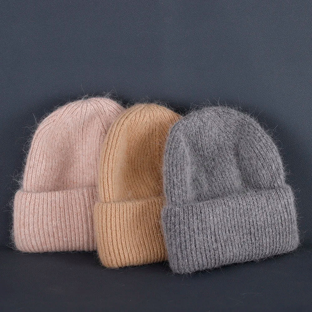 2023 Rabbit Fur Beanies Soft Warm Fluffy Winter Hat for Women Angora Knitted Hat Skullies Beanies Female Bonnet Woman Knit Cap
