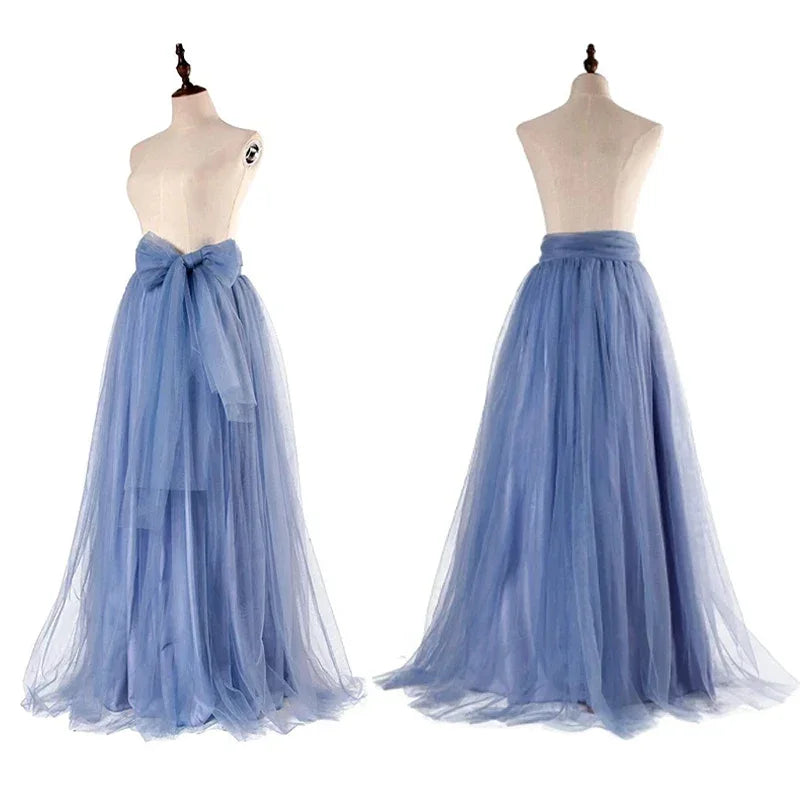 Women Long Skirts High Waisted Puffy A Line Tulle Skirt Wedding Bridesmaid Skirt with Bowknot Belt Faldas Saias Femininas Jupe
