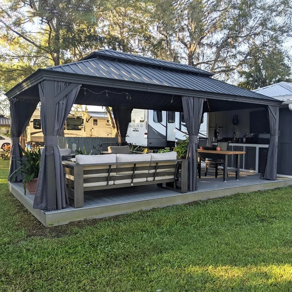 14X20 Permanent Hardtop Gazebo with Galvanized Steel Double Roof for Patio Lawn and Garden, Curtains and Netting Included,Grey
