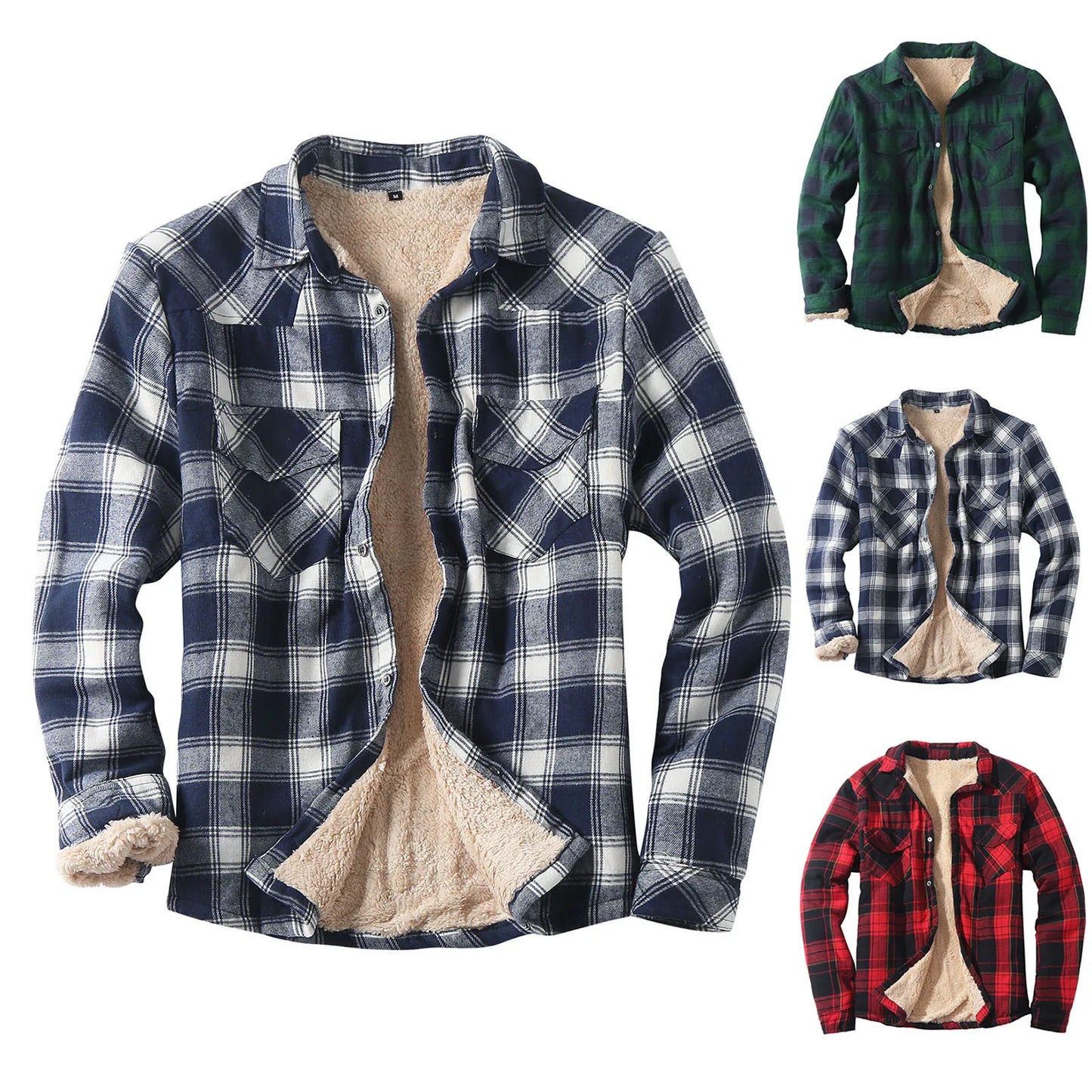 Men's Fleece Plaid Flannel Shirt Jacket Button Up Casual Cotton Jacket Thicken Warm Autumn Winter Fashion Outerwear Jackets