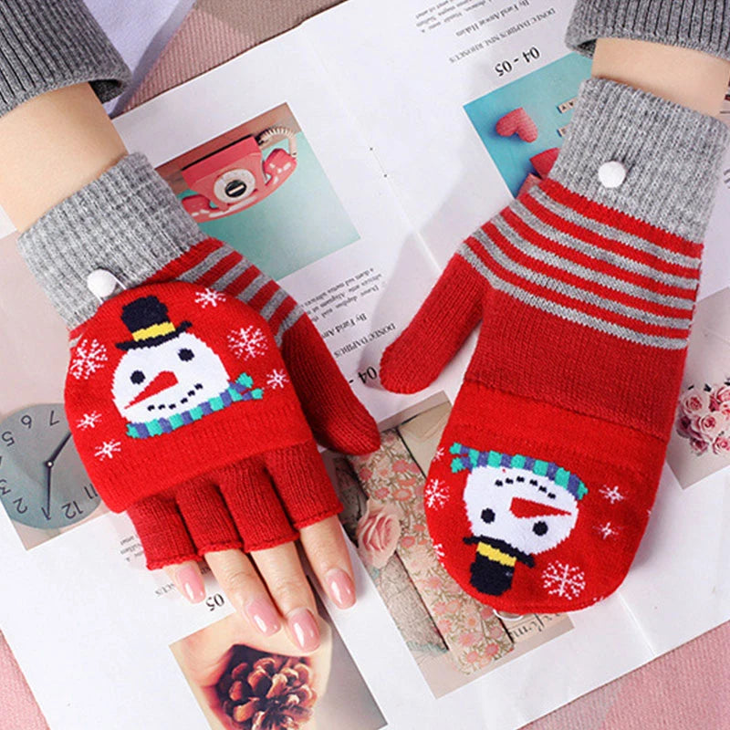 Winter Knitted Fingerless Flip Gloves Christmas Elk Printed Warm Glove Touchscreen Gloves Student Women Half-finger Mittens