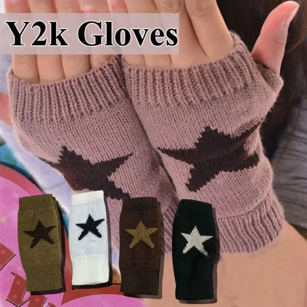 2024 Y2k Knitted Gloves Half Finger Star Gloves Winter Warm Woolen Pentagram Soft Hand Fingerless Emo Gloves Preppy Mittens