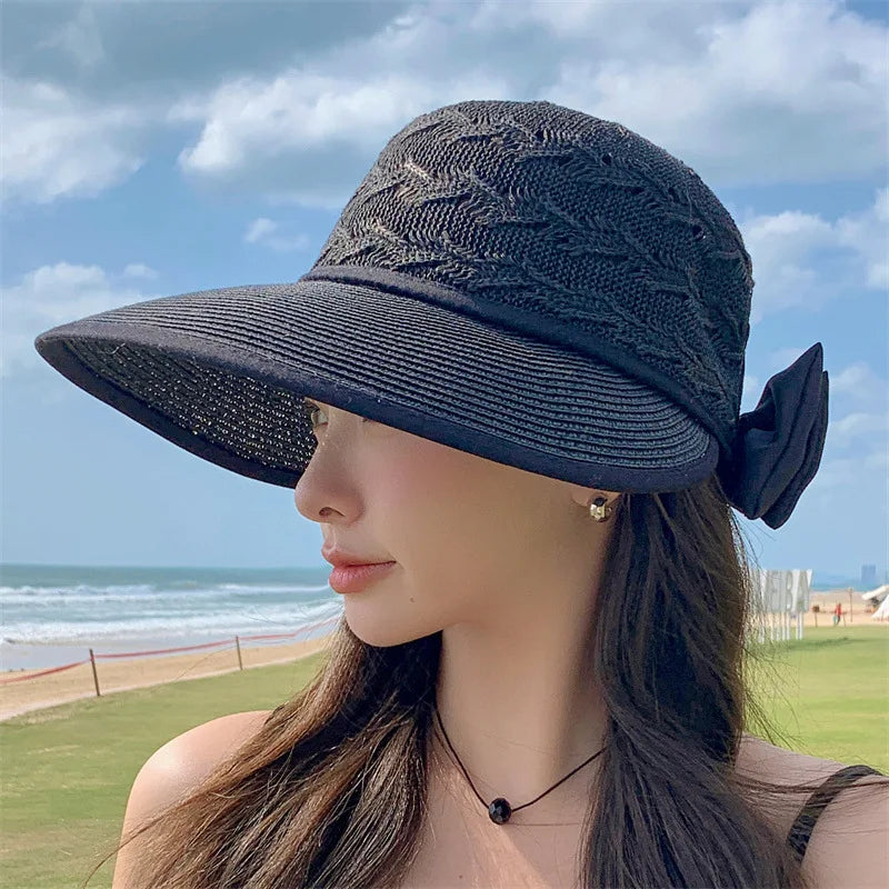 Fashion Korean Version Straw Hat With Hollow And Breathable Sun Hat With Bow Foldable Sunscreen Hat For Women Simple Sun Hat