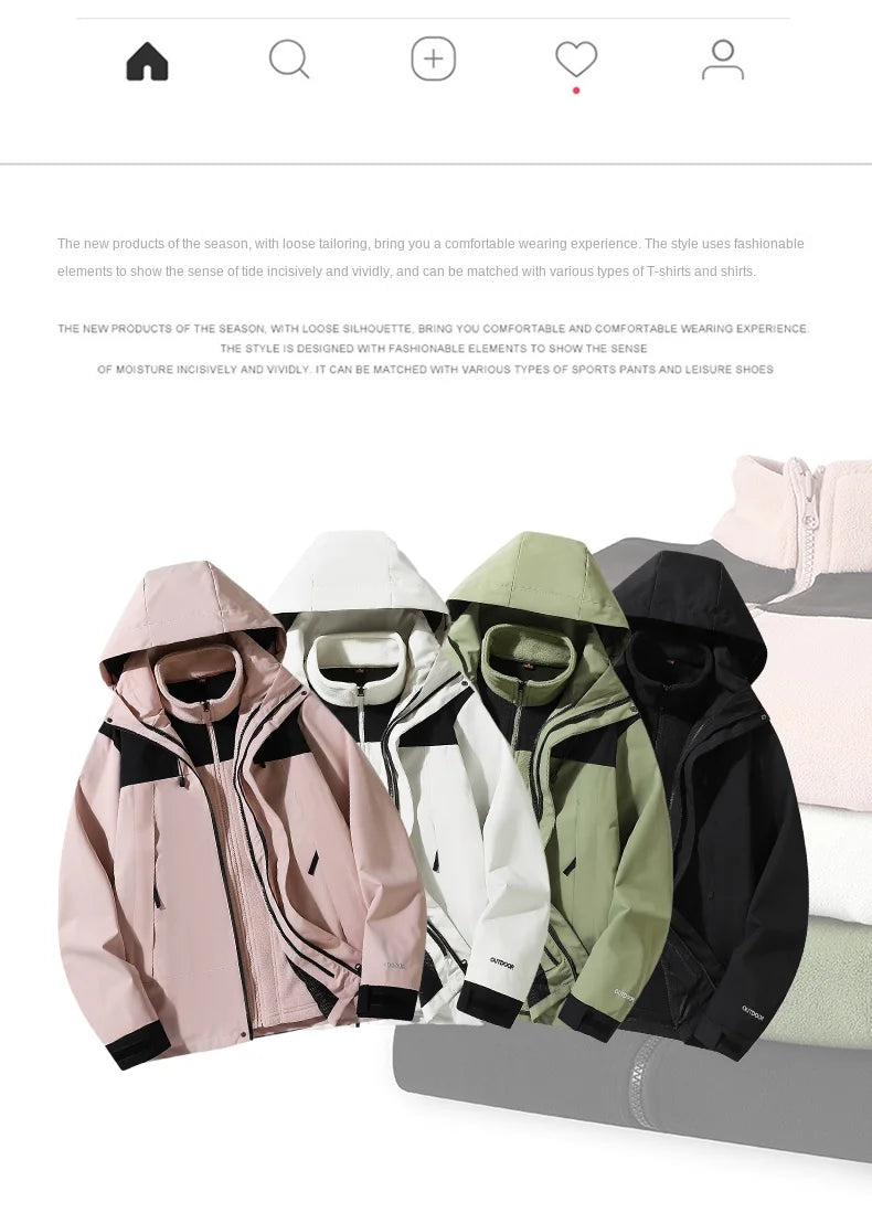 Outdoor 3-in-1 Hardshell Jacket for Men and Women,Antifouling warm Jacket, Waterproof Cold-resistant Mountaineering Jacket