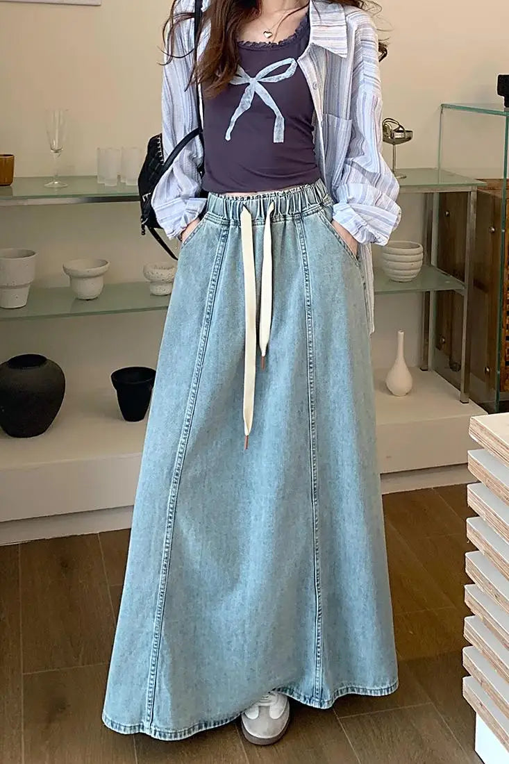 S-XL 2Colors Long Denim Skirt 2024 korean style High Elastic Waist Lace Up A Line Ball Grown Long Jeans Skirts Style (L60098