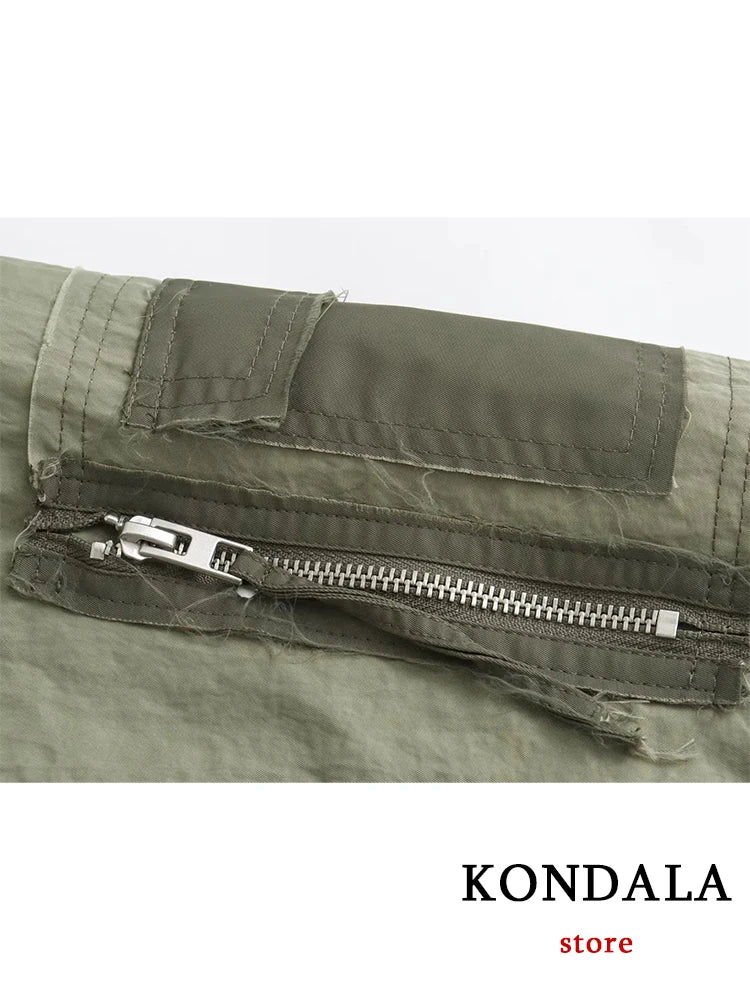 KONDALA Streetwear Armygreen Bomber Jackets Women Patchwork Zipper Pockets Oversized Jackets Fashion 2023 Autumn Winter Coats