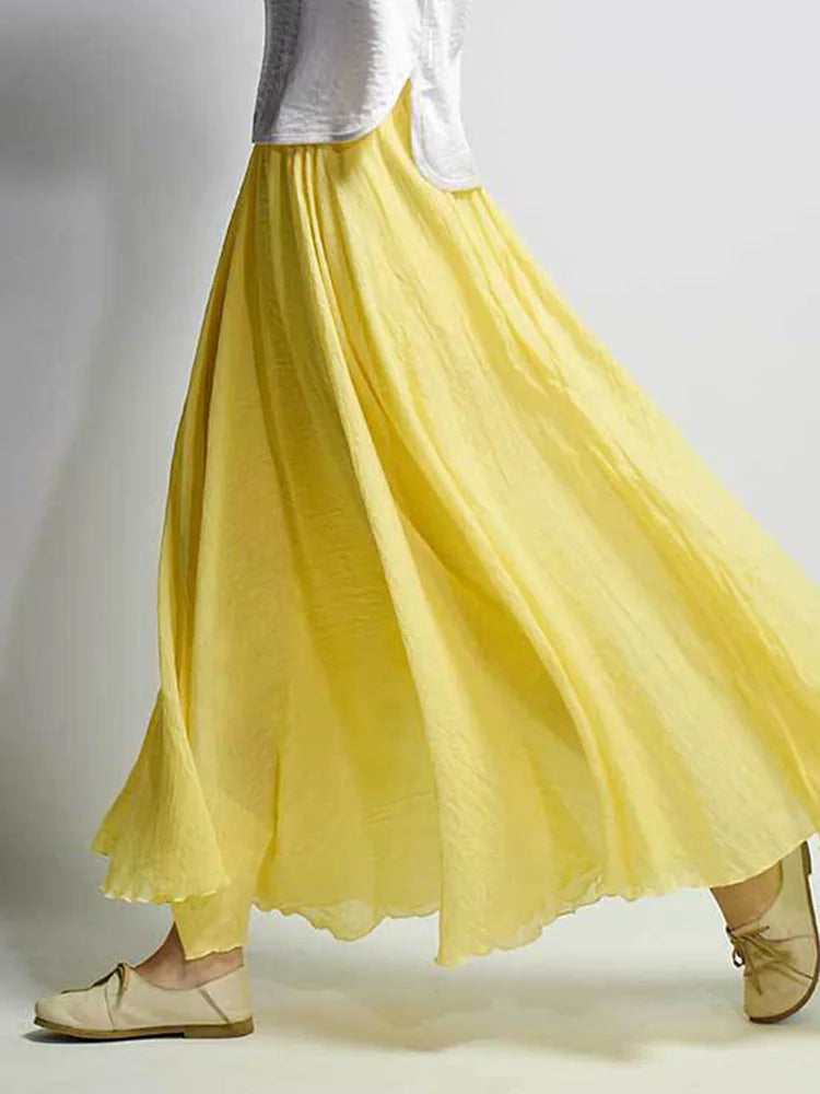Women's Elegant High Waist Linen Maxi Skirt 2022 Summer Ladies Casual Elastic Waist 2 Layers Skirts saia feminina