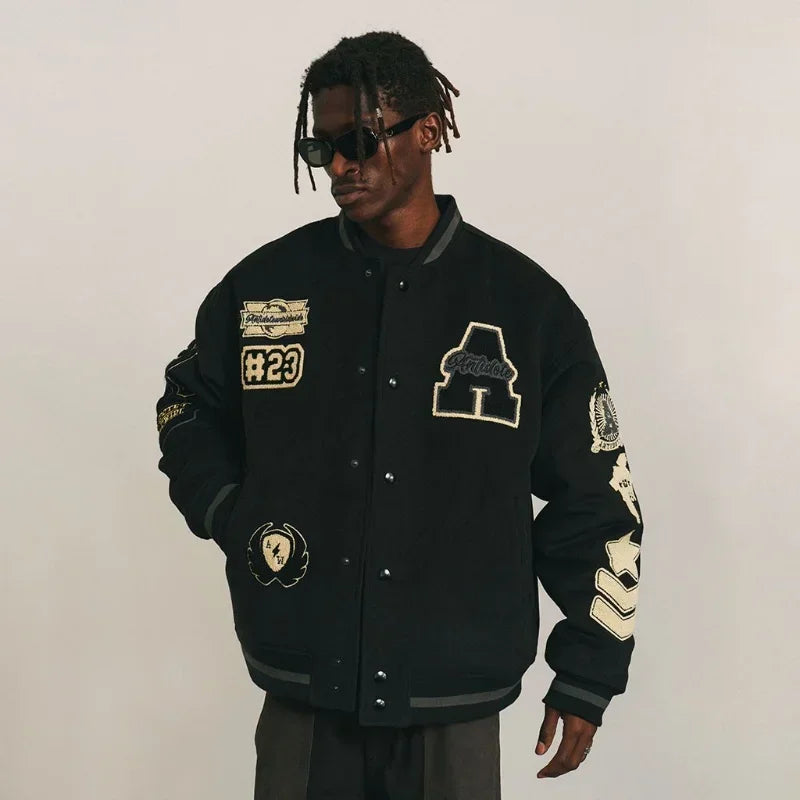 Men's baseball uniform Y2K retro heavy hip-hop embroidery jacket autumn and winter V-neck loose fashion couple casual jacket