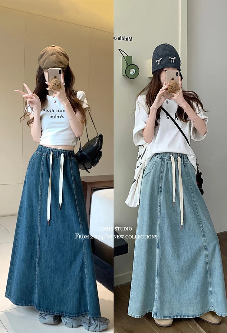 S-XL 2Colors Long Denim Skirt 2024 korean style High Elastic Waist Lace Up A Line Ball Grown Long Jeans Skirts Style (L60098
