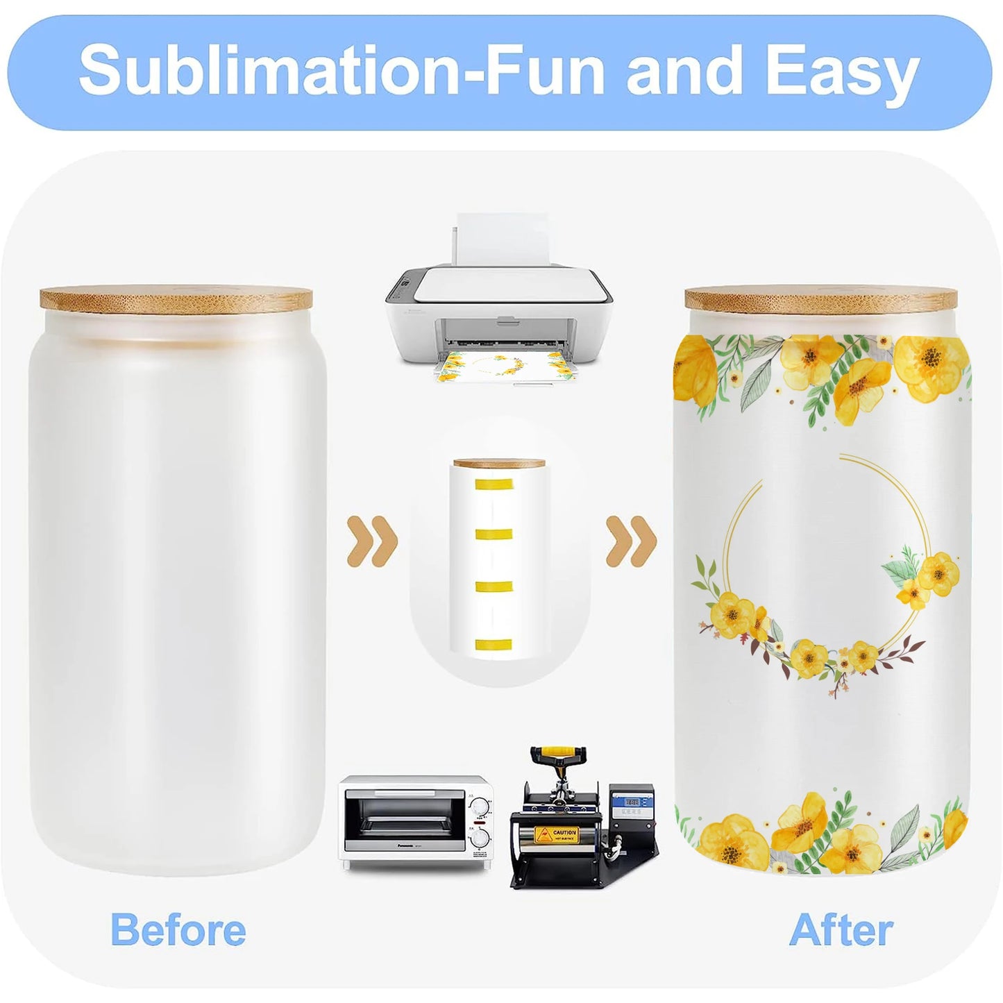 US Warehouse 8Pack Sublimation Blanks Glass Cans Frosted with Bamboo Lids and Straws Drinking Jars for Juice DIY