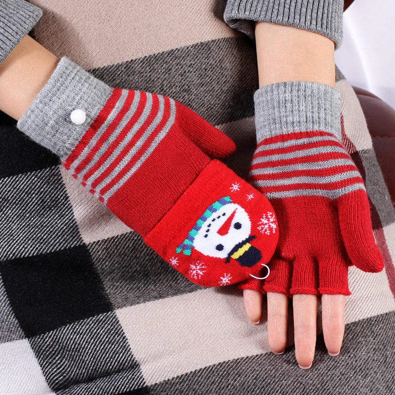 Winter Knitted Fingerless Flip Gloves Christmas Elk Printed Warm Glove Touchscreen Gloves Student Women Half-finger Mittens