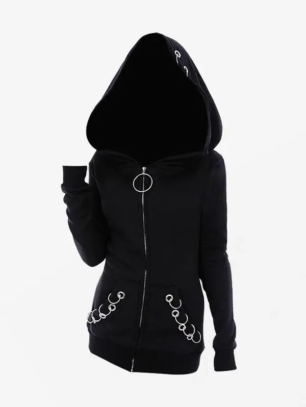 New Arrived Gothic Hooded Coats Black Grommets O-ring Zip Up Pocket Outwears Tops Spring Autumn Wide-waisted Jacket