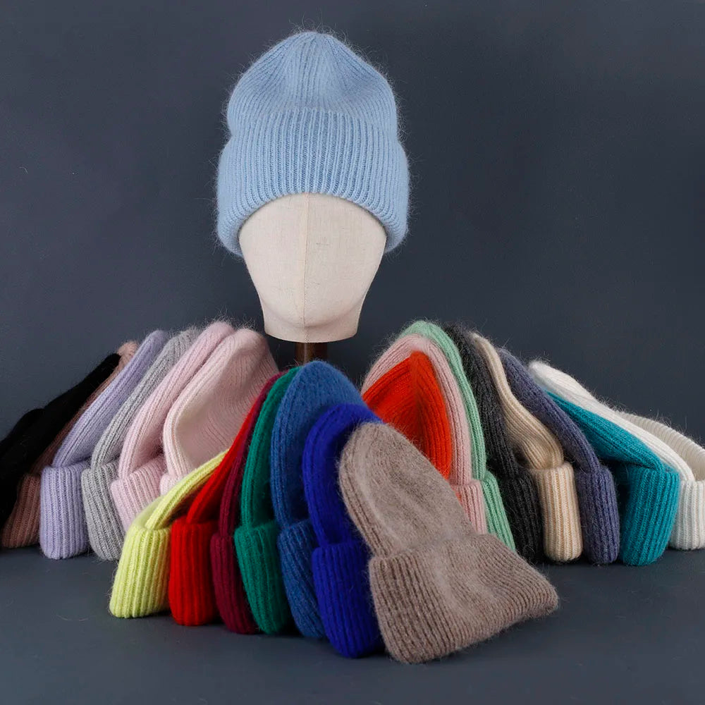 2023 Rabbit Fur Beanies Soft Warm Fluffy Winter Hat for Women Angora Knitted Hat Skullies Beanies Female Bonnet Woman Knit Cap