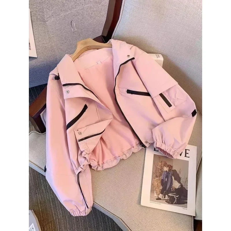 Spring Autumn 2024 New Sensibility Cropped Jacket Top Casual Loose-fit Hooded Trendy Design Fashion Outerwear
